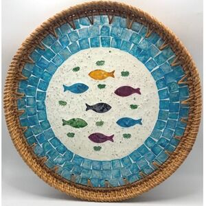 Laquedecraft 11.8" Aquatic Fish Wicker Round Rattan Mosaic Serving Basket Tray